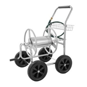 hose reel cart, hold up to 250 ft of 5/8'' hose, garden water hose carts mobile tools with 4 wheels, heavy duty powder coated steel outdoor planting with storage basket, for garden, yard, lawn