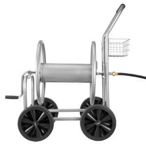 hose reel cart, hold up to 250 ft of 5/8'' hose, garden water hose carts mobile tools with 4 wheels, heavy duty powder coated steel outdoor planting with storage basket, for garden, yard, lawn