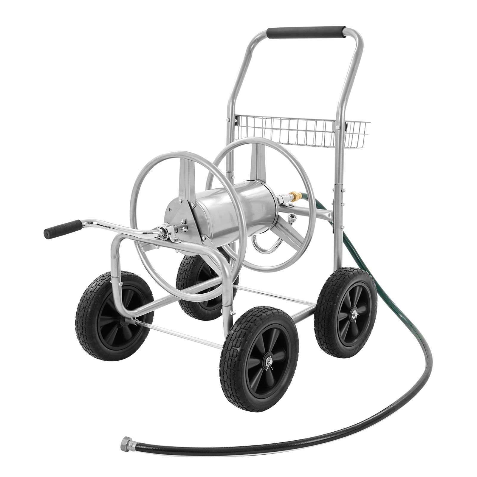 hose reel cart, hold up to 250 ft of 5/8'' hose, garden water hose carts mobile tools with 4 wheels, heavy duty powder coated steel outdoor planting with storage basket, for garden, yard, lawn