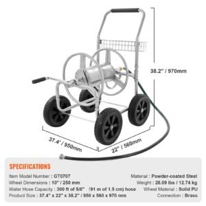 hose reel cart, hold up to 300 ft of 5/8'' hose, garden water hose carts mobile tools with 4 wheels, heavy duty powder coated steel outdoor planting with storage basket, for garden, yard, lawn