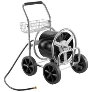 hose reel cart, hold up to 300 ft of 5/8'' hose, garden water hose carts mobile tools with 4 wheels, heavy duty powder coated steel outdoor planting with storage basket, for garden, yard, lawn
