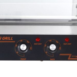 hot dog roller, 11 rollers 30 hot dogs capacity, 1650w stainless sausage grill cooker machine with dual temp control glass hood acrylic cover bun warmer shelf removable drip tray, etl certified