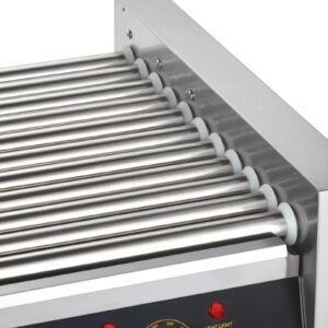 hot dog roller, 11 rollers 30 hot dogs capacity, 1650w stainless sausage grill cooker machine with dual temp control glass hood acrylic cover bun warmer shelf removable drip tray, etl certified