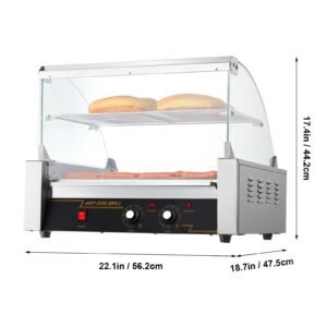 hot dog roller, 11 rollers 30 hot dogs capacity, 1650w stainless sausage grill cooker machine with dual temp control glass hood acrylic cover bun warmer shelf removable drip tray, etl certified