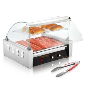 hot dog roller, 11 rollers 30 hot dogs capacity, 1650w stainless sausage grill cooker machine with dual temp control glass hood acrylic cover bun warmer shelf removable drip tray, etl certified