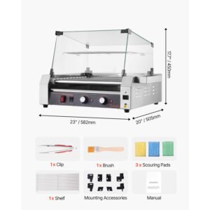 hot dog roller, 30 hot dog 11 rollers, stainless steel sausage grill cooker, 1600w commercial hot dog machine with dual temp control, cover, side storage box, removable shelf & oil drip tray