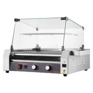 hot dog roller, 30 hot dog 11 rollers, stainless steel sausage grill cooker, 1600w commercial hot dog machine with dual temp control, cover, side storage box, removable shelf & oil drip tray