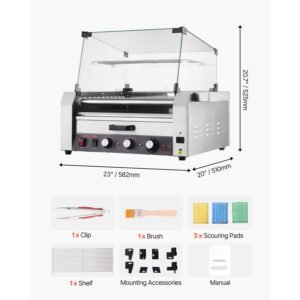 hot dog roller, 30 hot dog 11 rollers, stainless steel sausage grill cooker, 1950w hot dog machine with bun warmer, cover, 3 temp control, side storage box, oil drip tray, for home & commercial