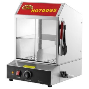 hot dog steamer, 28.5qt, 2 tier hot dog hut steamer, 86 185 f temp control, electric bun warmer with tempered glass slide doors partition plate tong, stainless steel, for hot dogs & buns