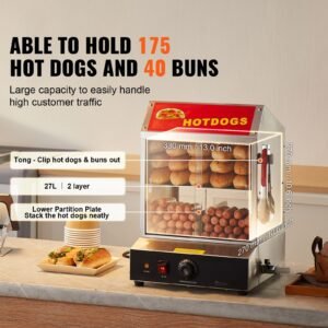 hot dog steamer, 28.5qt, 2 tier hot dog hut steamer, 86 185 f temp control, electric bun warmer with tempered glass slide doors partition plate tong, stainless steel, for hot dogs & buns