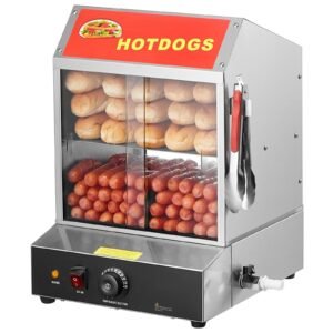 Hot Dog Steamer, 28.5QT, 2-Tier Hot Dog Hut Steamer, 86-185 F Temp Control, Electric Bun Warmer with Tempered Glass Slide Doors Partition Plate Tong, Stainless Steel, for Hot Dogs & Buns