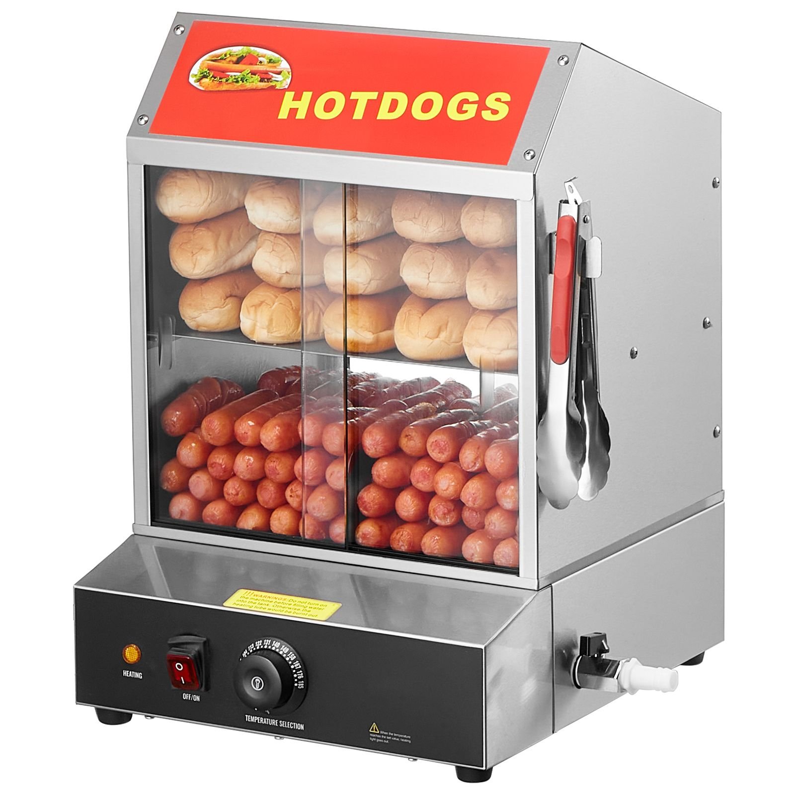 hot dog steamer, 28.5qt, 2 tier hot dog hut steamer, 86 185 f temp control, electric bun warmer with tempered glass slide doors partition plate tong, stainless steel, for hot dogs & buns