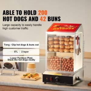 hot dog steamer, 39qt, 2 tier hot dog hut steamer, 86 185 fahrenheit temp control, electric bun warmer with tempered glass slide doors partition plate tong, stainless steel, for hot dogs & buns