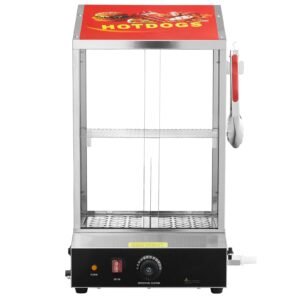 Hot Dog Steamer, 39QT, 2-Tier Hot Dog Hut Steamer, 86-185 Fahrenheit Temp Control, Electric Bun Warmer with Tempered Glass Slide Doors Partition Plate Tong, Stainless Steel, for Hot Dogs & Buns