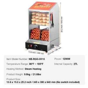 hot dog steamer, 39qt, 2 tier hot dog hut steamer, 86 185 fahrenheit temp control, electric bun warmer with tempered glass slide doors partition plate tong, stainless steel, for hot dogs & buns