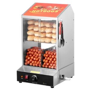 hot dog steamer, 39qt, 2 tier hot dog hut steamer, 86 185 fahrenheit temp control, electric bun warmer with tempered glass slide doors partition plate tong, stainless steel, for hot dogs & buns