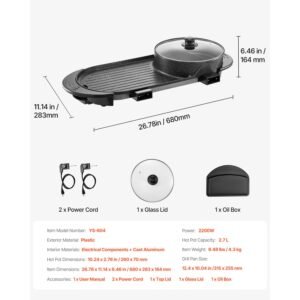 hot pot with grill, 2200w 2 in 1 electric smokeless grill and hot pot, korean bbq shabu shabu hotpot with separate dual temperature control, non stick pan, for 1 6 people family dinning