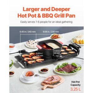 hot pot with grill, 2300w 2 in 1 electric smokeless grill and hot pot, removable shabu shabu hotpot with non stick pan, separate dual temperature control, indoor korean bbq for 1 6 people