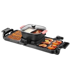 hot pot with grill, 2300w 2 in 1 electric smokeless grill and hot pot, removable shabu shabu hotpot with non stick pan, separate dual temperature control, indoor korean bbq for 1 6 people