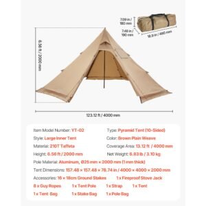 hot tent for 4 persons, portable winter tipi tent with stove jack, waterproof canvas camping tents, lightweight 4 season shelter tents for hiking fishing backpacking, m size