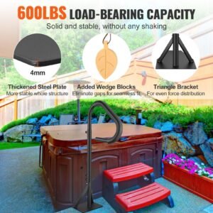 hot tub handrail, 360 rotatable spa side handrail with 48" 63" adjustable height, rust proof aluminum spa step hot tub hand rail with slide under mount base for indoor & outdoor, 600lbs capacity