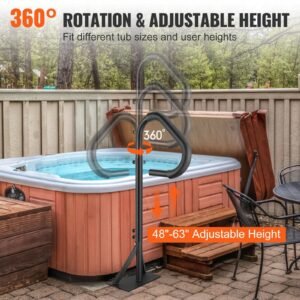 hot tub handrail, 360 rotatable spa side handrail with 48" 63" adjustable height, rust proof aluminum spa step hot tub hand rail with slide under mount base for indoor & outdoor, 600lbs capacity