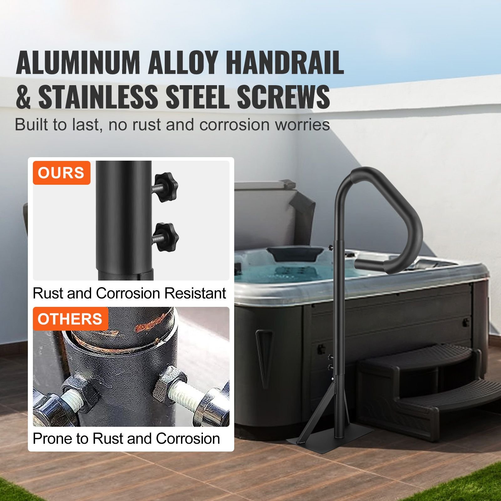 hot tub handrail, 360 rotatable spa side handrail with 48" 63" adjustable height, rust proof aluminum spa step hot tub hand rail with slide under mount base for indoor & outdoor, 600lbs capacity
