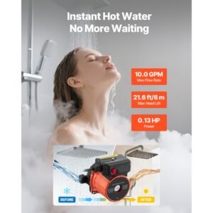 hot water recirculating pump, 10 gpm, instant circulation circulator pump system, 3 speed control, 0.13 hp, 110 120v, npt 3/4 in to npt 1/2 in adapter, cast iron head, for water heater system