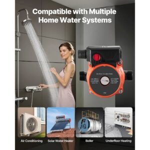 hot water recirculating pump, 10 gpm, instant circulation circulator pump system, 3 speed control, 0.13 hp, 110 120v, npt 3/4 in to npt 1/2 in adapter, cast iron head, for water heater system
