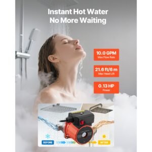 hot water recirculating pump, 10 gpm, instant circulation circulator pump system, 3 speed control, 0.13 hp, 110 120v, npt 3/4 in to npt 1/2 in adapter, stainless steel head, for water heaters
