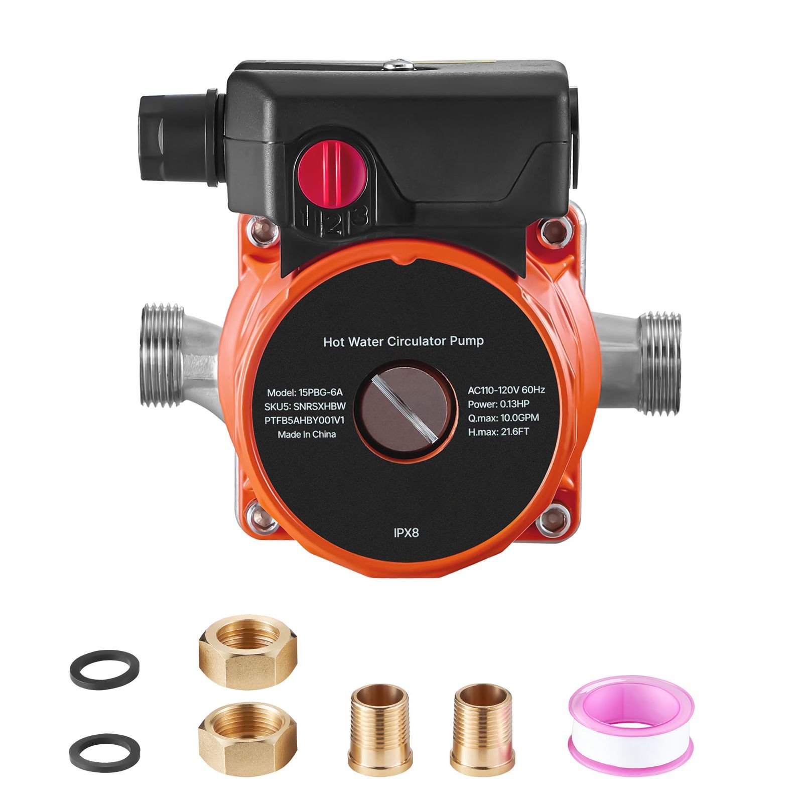 hot water recirculating pump, 10 gpm, instant circulation circulator pump system, 3 speed control, 0.13 hp, 110 120v, npt 3/4 in to npt 1/2 in adapter, stainless steel head, for water heaters
