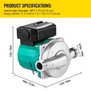 hot water recirculating pump, 93w, 110v water circulator pump, circulation pump, 3/4″ g thread to 1/2″ npt brass adapter, stainless steel head, 3 speed control for electric water heater system