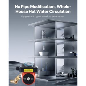 hot water recirculating pump, with bypass valve, instant recirculation pump kit with timer, adapter, circulation circulator system, stainless steel head, 0.13 hp 110 120v, for tank water heaters