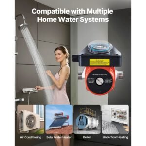 hot water recirculating pump, with timer, 10 gpm instant recirculation pump kit, circulation circulator system, 0.13 hp ac 110 120v, npt 3/4 in to npt 1/2 in connector, for solar water heater