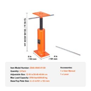 house floor jacks, 2 pack, 12" 16" height range, 9700 lbs max load capacity per unit, adjustable support beam basement jack post pole for leveling, steel telescoping jack for temporary support