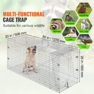 humane live animal trap, dimensions 50" x 20" x 26", crafted from galvanized iron, collapsible design with carrying handle for capturing stray dogs, armadillos, raccoons, marmots, and foxes