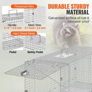 humane live animal trap, dimensions 50" x 20" x 26", crafted from galvanized iron, collapsible design with carrying handle for capturing stray dogs, armadillos, raccoons, marmots, and foxes
