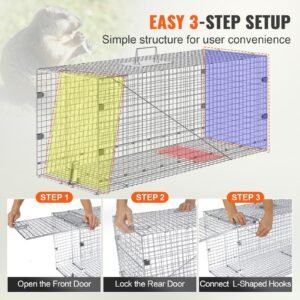 humane live animal trap, dimensions 50" x 20" x 26", crafted from galvanized iron, collapsible design with carrying handle for capturing stray dogs, armadillos, raccoons, marmots, and foxes