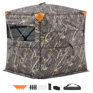 Hunting Blind, 2-3 Person See Through Ground Blinds with Carrying Bag, 360 Degree Portable Camouflage Tent, Durable Concealed Shelter with Silent Side Door and Window, for Turkey and Deer