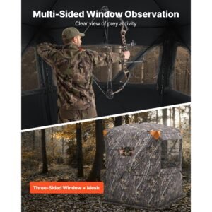 hunting blind, 2 3 person thermal ground blinds with tri leg chair and carrying bag, portable camouflage tent, durable concealed shelter with silent zipper door and window, for turkey deer