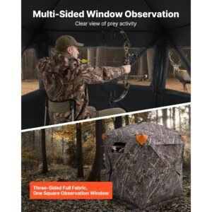 hunting blind, 270° ground blind, 1 2 person pop up deer blind for hunting with carrying bag, portable resilient hunting tent, 3 horizontal windows for turkey and deer hunting