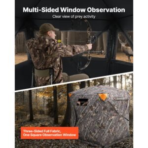 hunting blind, 270° see through ground blind, 2 3 person pop up deer blind for hunting with carrying bag, portable resilient hunting tent, 3 horizontal windows for turkey and deer hunting
