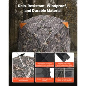 hunting blind, 270° see through ground blind, 2 3 person pop up deer blind for hunting with carrying bag, portable resilient hunting tent, 3 horizontal windows for turkey and deer hunting