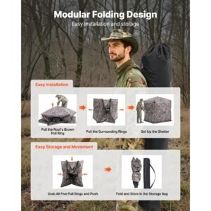 hunting blind, 6 7 person ground blinds with carrying bag, portable camouflage tent, reinforced durable concealed shelter with silent zipper door and window, for turkey and deer
