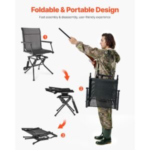 hunting chair, 360° silent swivel, foldable lightweight portable blind chair, heavy duty steel frame ground stool seat, with armrest, adjustable carry strap, 300 lbs capacity for fishing camping