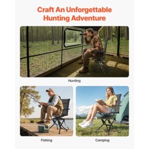 hunting chair, 360° silent swivel, foldable lightweight portable blind chair, heavy duty steel frame ground stool seat, with armrest, adjustable carry strap, 300 lbs capacity for fishing camping
