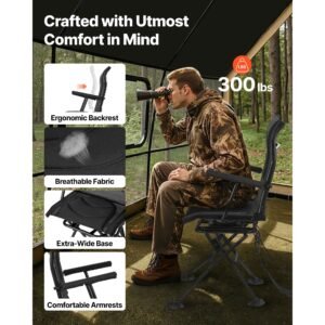 hunting chair, 360° silent swivel, foldable portable blind chair, heavy duty steel frame ground stool seat, with armrests, adjustable carry strap, anti sink feet, 300 lbs capacity for fishing