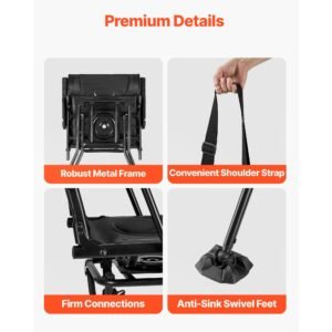 hunting chair, 360° silent swivel, foldable portable blind chair, heavy duty steel frame ground stool seat, with armrests, adjustable carry strap, anti sink feet, 300 lbs capacity for fishing