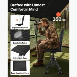 hunting chair, 360° silent swivel, foldable portable blind chair, heavy duty steel frame ground stool seat,with seat cover, anti sink feet, height adjustable, 350 lbs capacity, for fishing