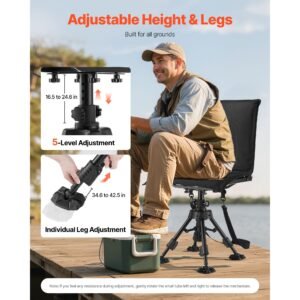 hunting chair, 360° silent swivel, foldable portable blind chair, heavy duty steel frame ground stool seat,with seat cover, anti sink feet, height adjustable, 350 lbs capacity, for fishing